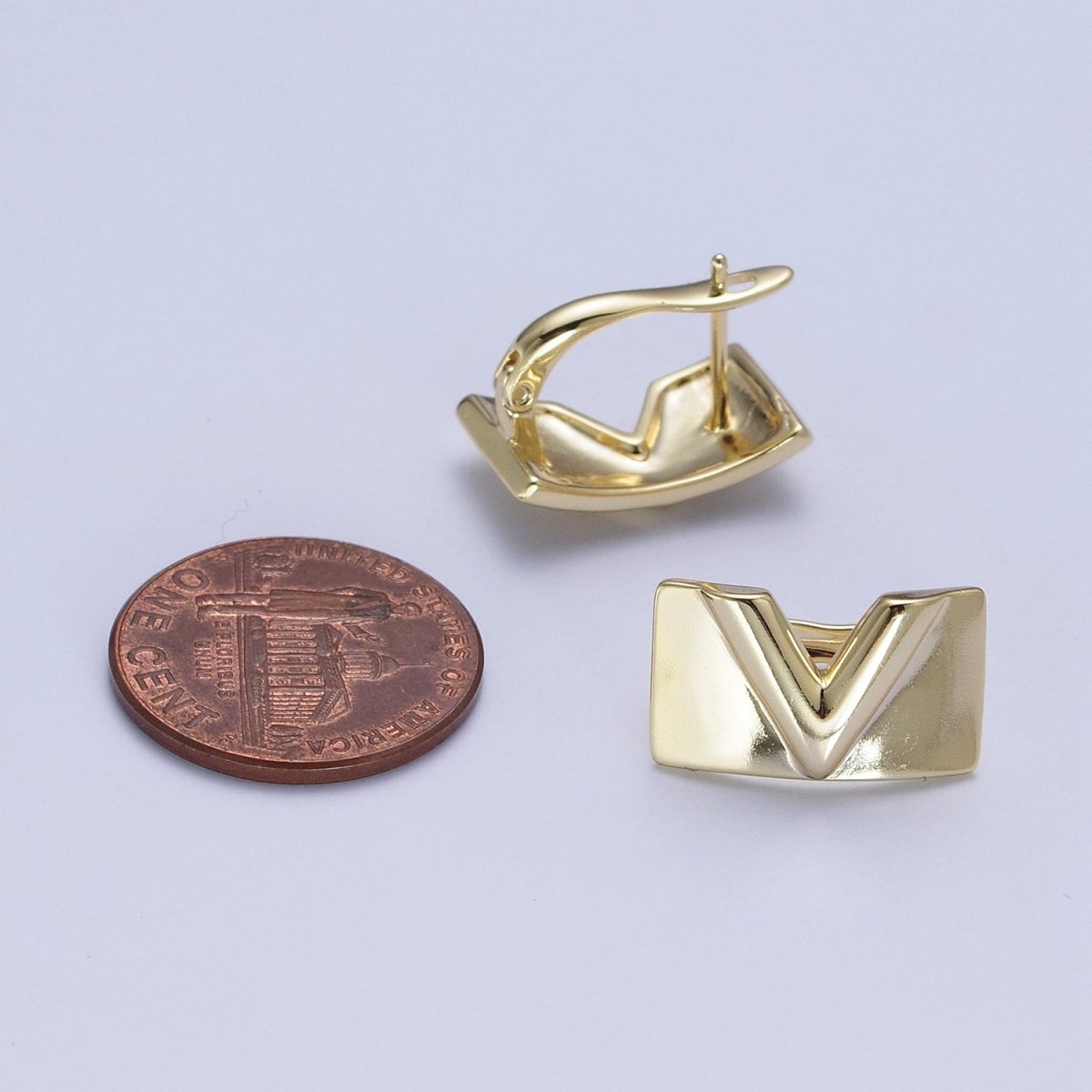 Minimalist Gold Filled V Arrow Wide Latch Lever Back Earrings T-137 - DLUXCA