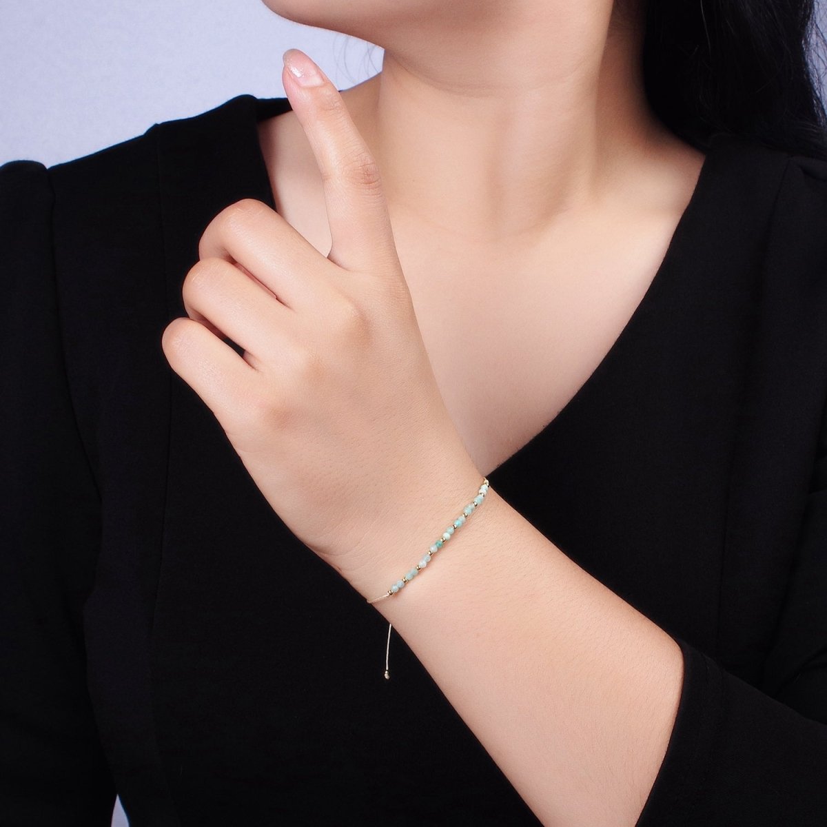 Minimalist Gold Turquoise Multifaceted Cream Cotton String Slider Bracelet | WA-2196 - WA-2198 Clearance Pricing - DLUXCA