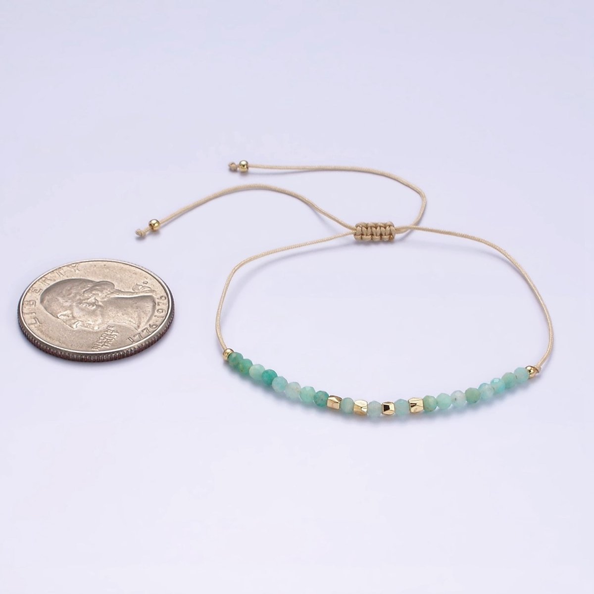 Minimalist Gold Turquoise Multifaceted Cream Cotton String Slider Bracelet | WA-2196 - WA-2198 Clearance Pricing - DLUXCA