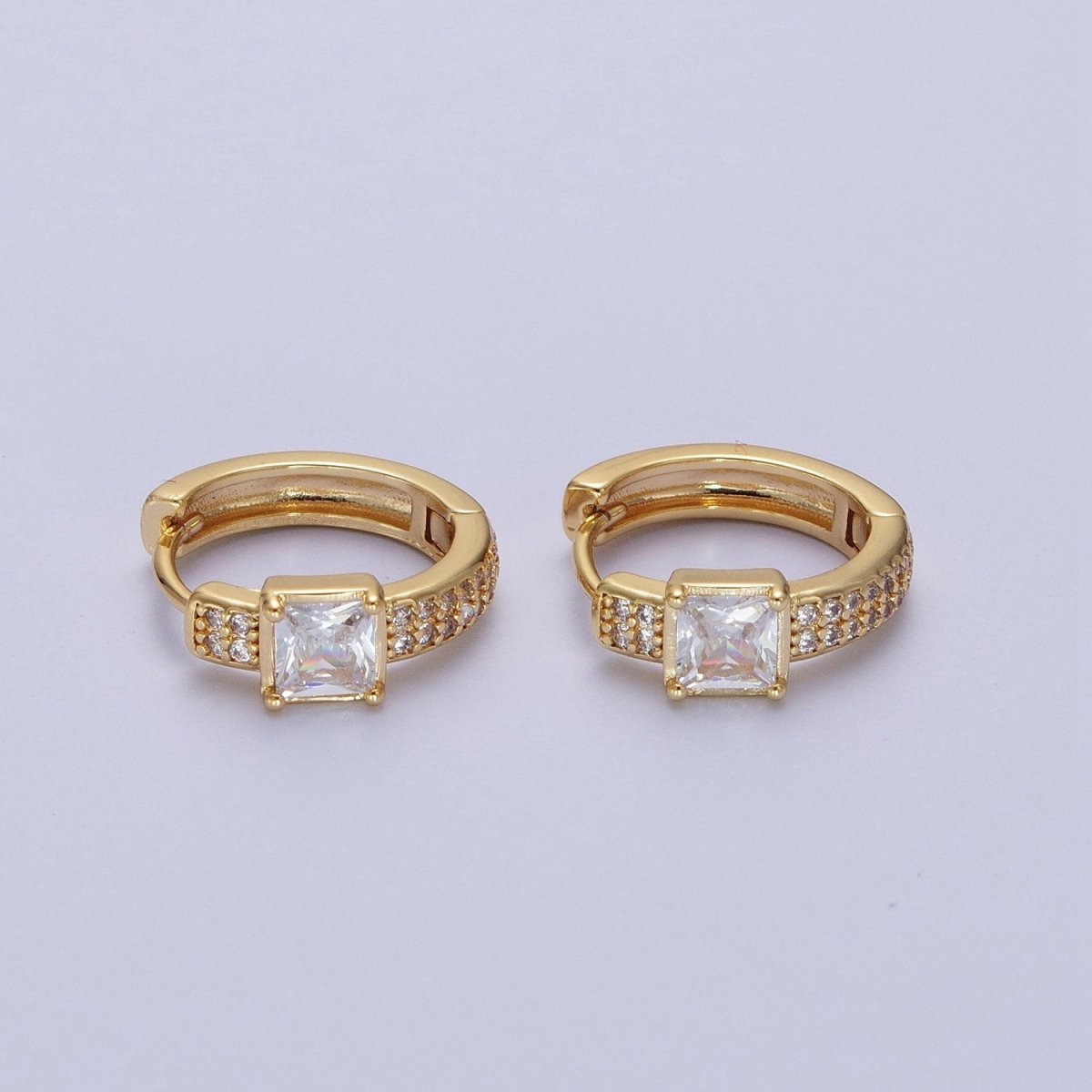 Minimalist Micro Paved Baguette Cubic Zirconia 14mm Gold Huggie Hoops Earrings | Y-026 - DLUXCA
