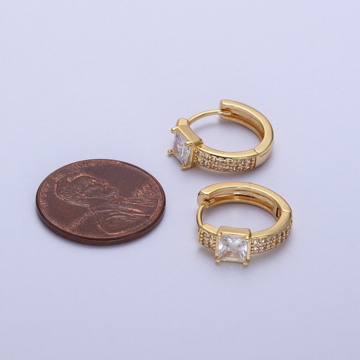 Minimalist Micro Paved Baguette Cubic Zirconia 14mm Gold Huggie Hoops Earrings | Y-026 - DLUXCA