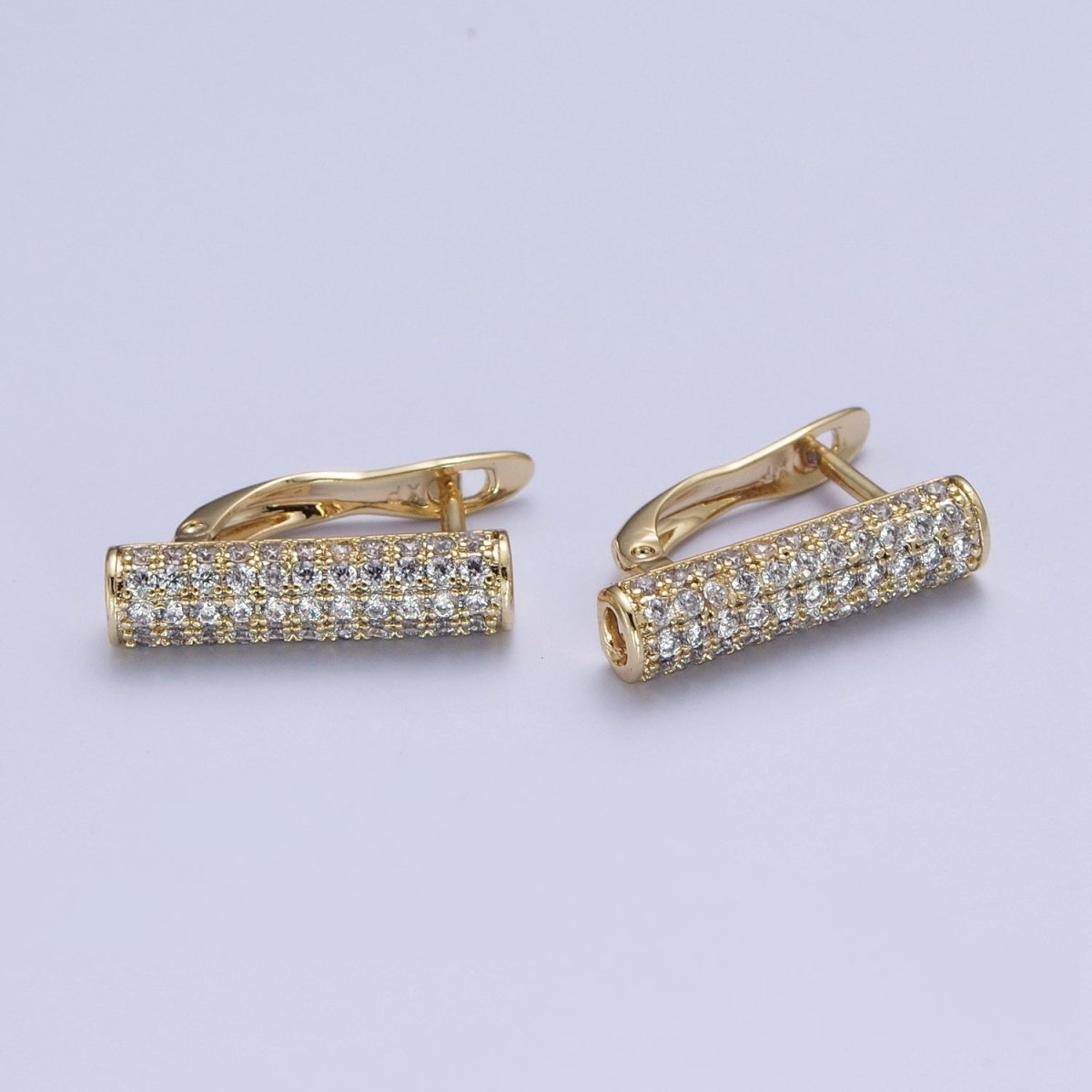 Minimalist Micro Paved CZ Cylinder Tube Gold English Lock Earrings AE-1034 - DLUXCA
