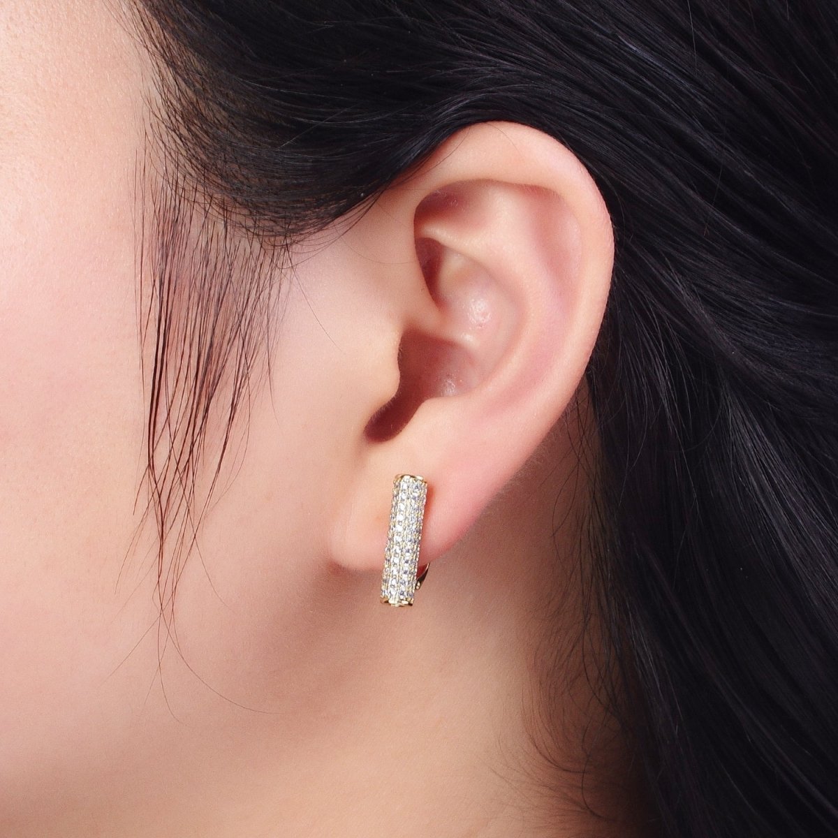 Minimalist Micro Paved CZ Cylinder Tube Gold English Lock Earrings AE-1034 - DLUXCA