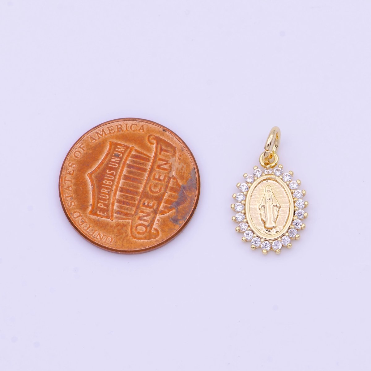 Minimalist Micro Paved CZ Miraculous Lady Religious Gold Oval Charm | D-570 - DLUXCA