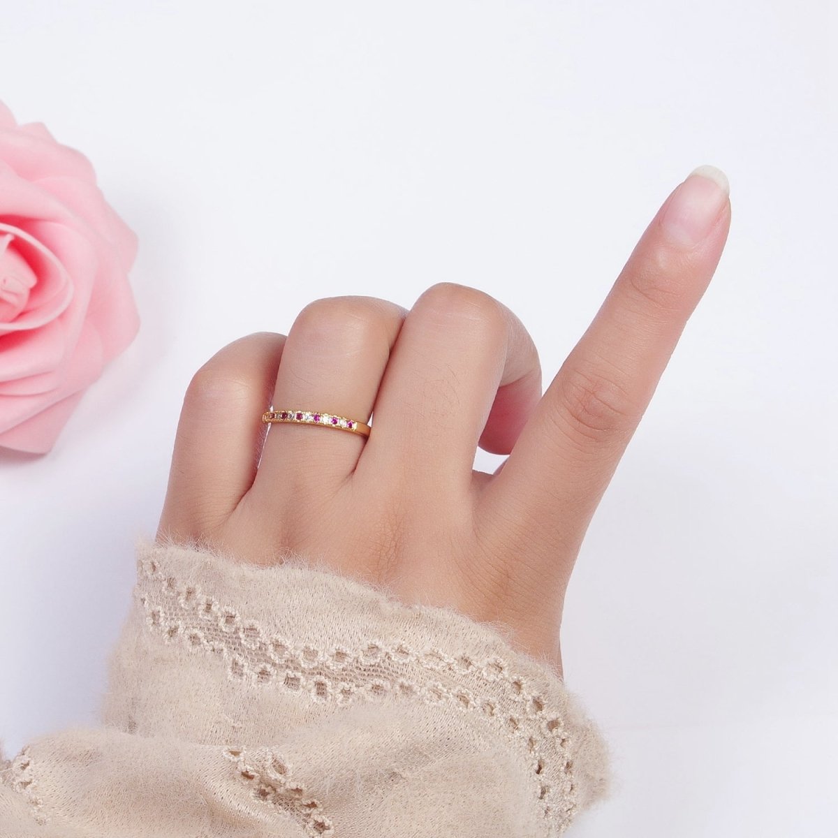 Minimalist Micro Paved Fuchsia & Clear Cubic Zirconia Adjustable Stacking Ring | X-560 - DLUXCA