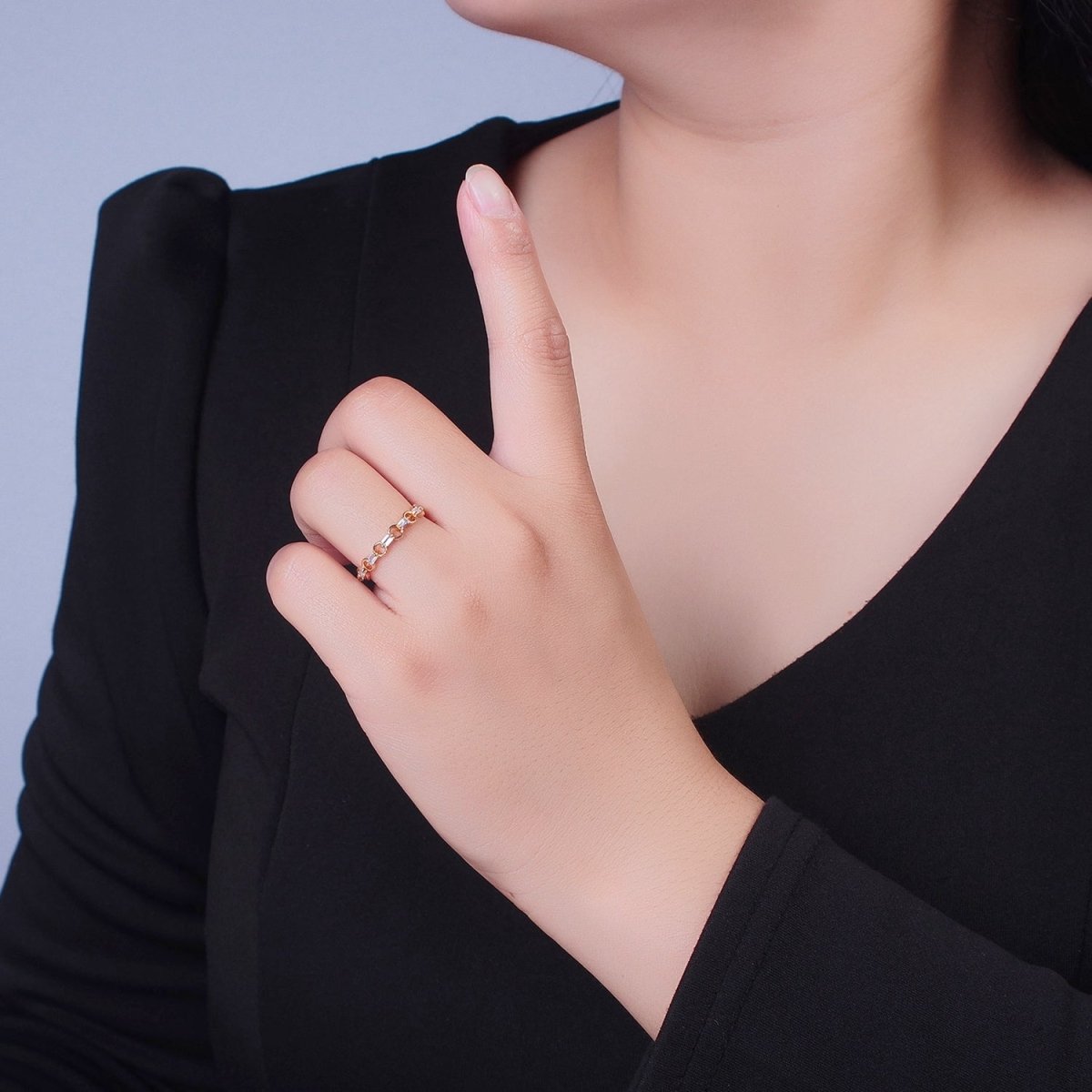 Minimalist Rolo Chain Link & Clear Baguette Cubic Zirconia Gold Adjustable Ring R-510 - DLUXCA