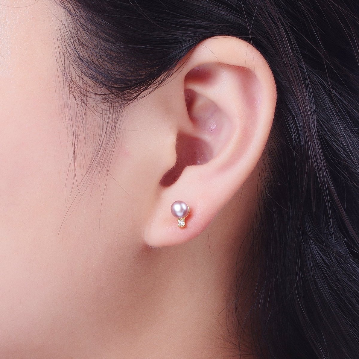 Minimalist Round Purple Shell Pearl Cubic Zirconia Gold Stud Earrings, Gift For Her | Y-040 - DLUXCA