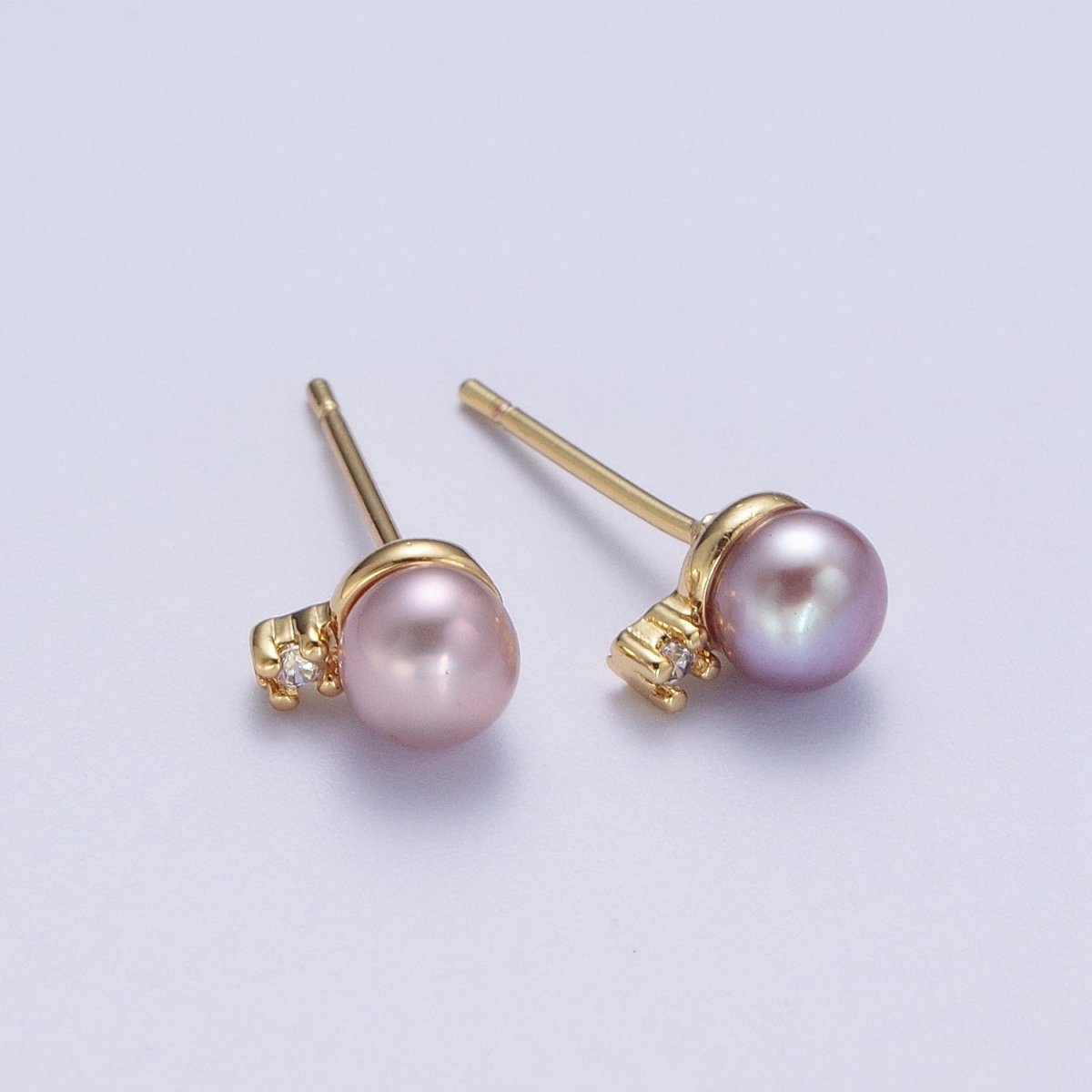 Minimalist Round Purple Shell Pearl Cubic Zirconia Gold Stud Earrings, Gift For Her | Y-040 - DLUXCA