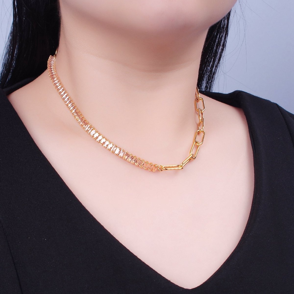 Minimalist Tennis Baguette Necklace 24k gold Filled CZ paperclip chain necklace, large link tennis chain | WA-947 WA-948 Clearance Pricing - DLUXCA