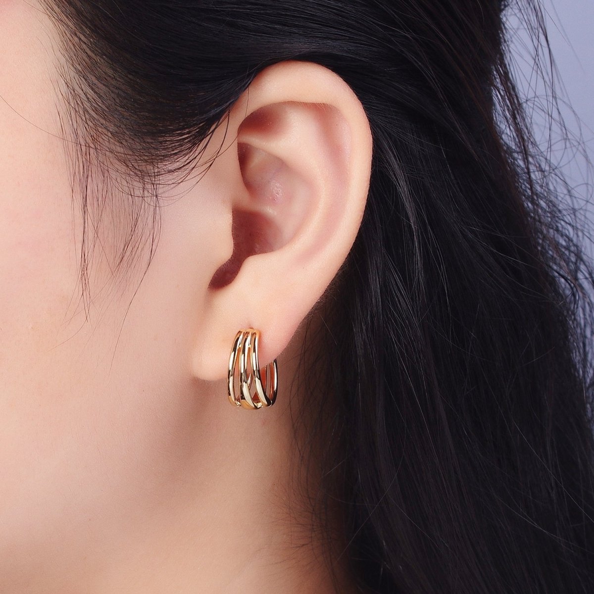 Minimalist Triple Bar Gold Huggie Hoop Geometric Earrings | Y-009 - DLUXCA