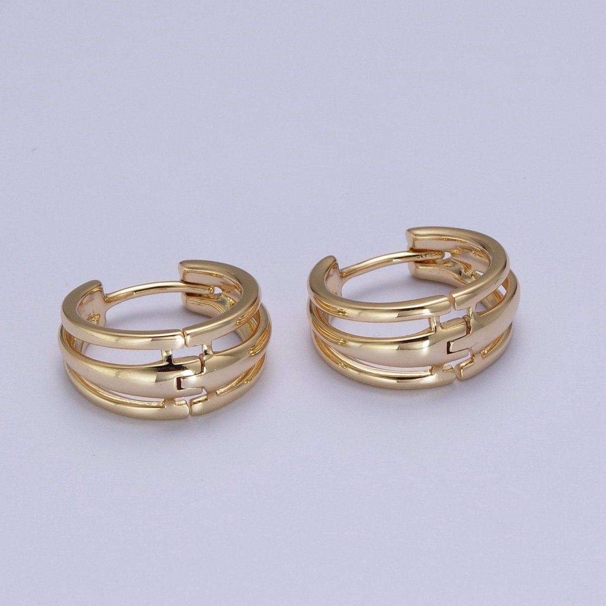 Minimalist Triple Bar Gold Huggie Hoop Geometric Earrings | Y-009 - DLUXCA