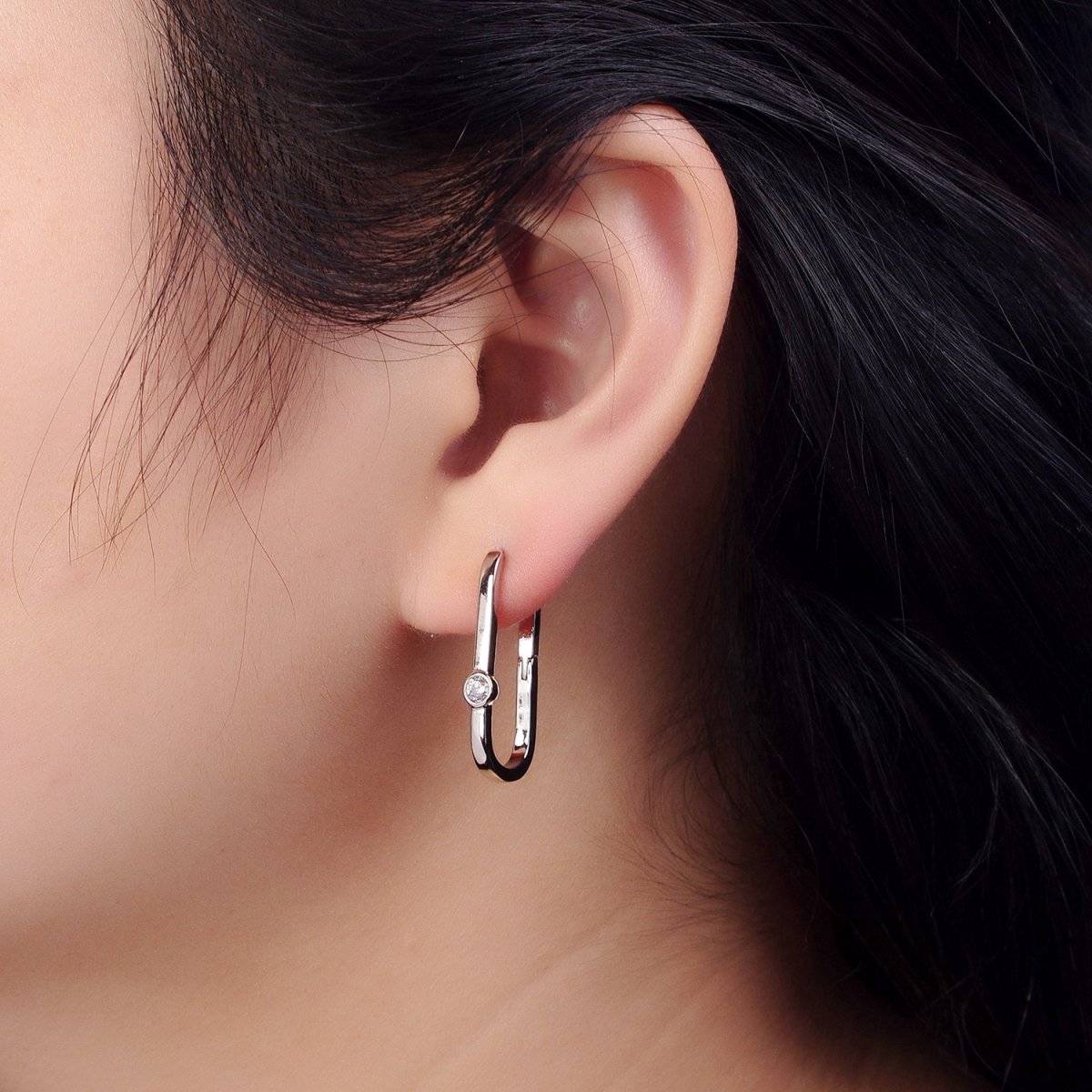 Minimalist White Gold Filled Oblong Earring Silver Hoop Earring with CZ Stone Minimalist Jewelry AB-1053 - DLUXCA