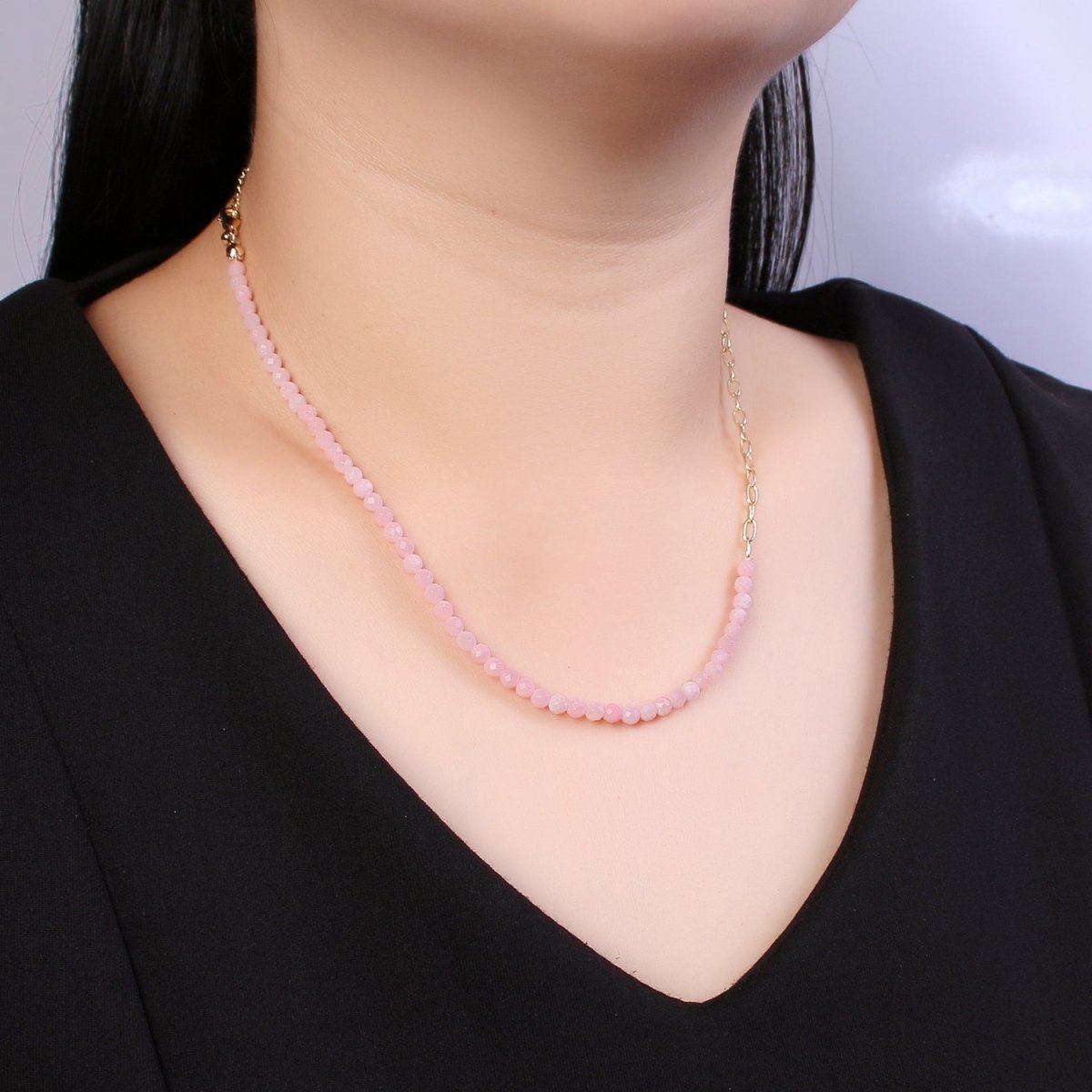 Mixed Chain Necklace, Fused Rose Quartz Beads necklace w/ 14k Gold Filled Necklace, Cable Link Chain Necklace Ready To Wear Necklace - DLUXCA