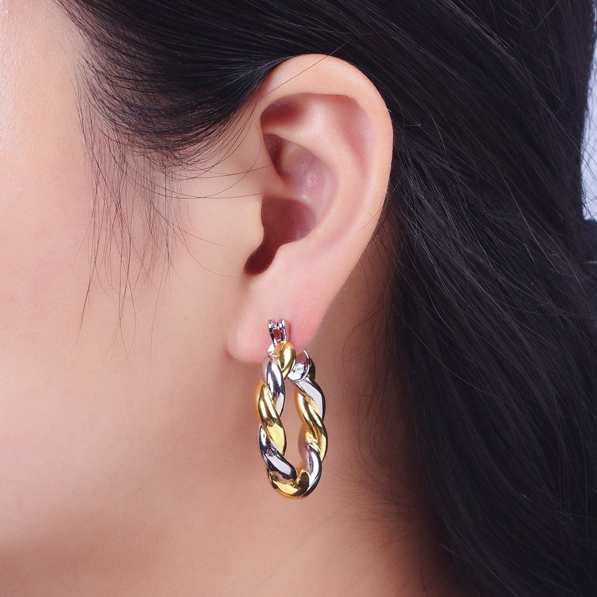 Mixed Metal Silver & Gold Twisted Chunky Two Tone Croissant Hoops Statement Earrings Gift For Her | AE-1084 AE-1085 AE-1086 - DLUXCA