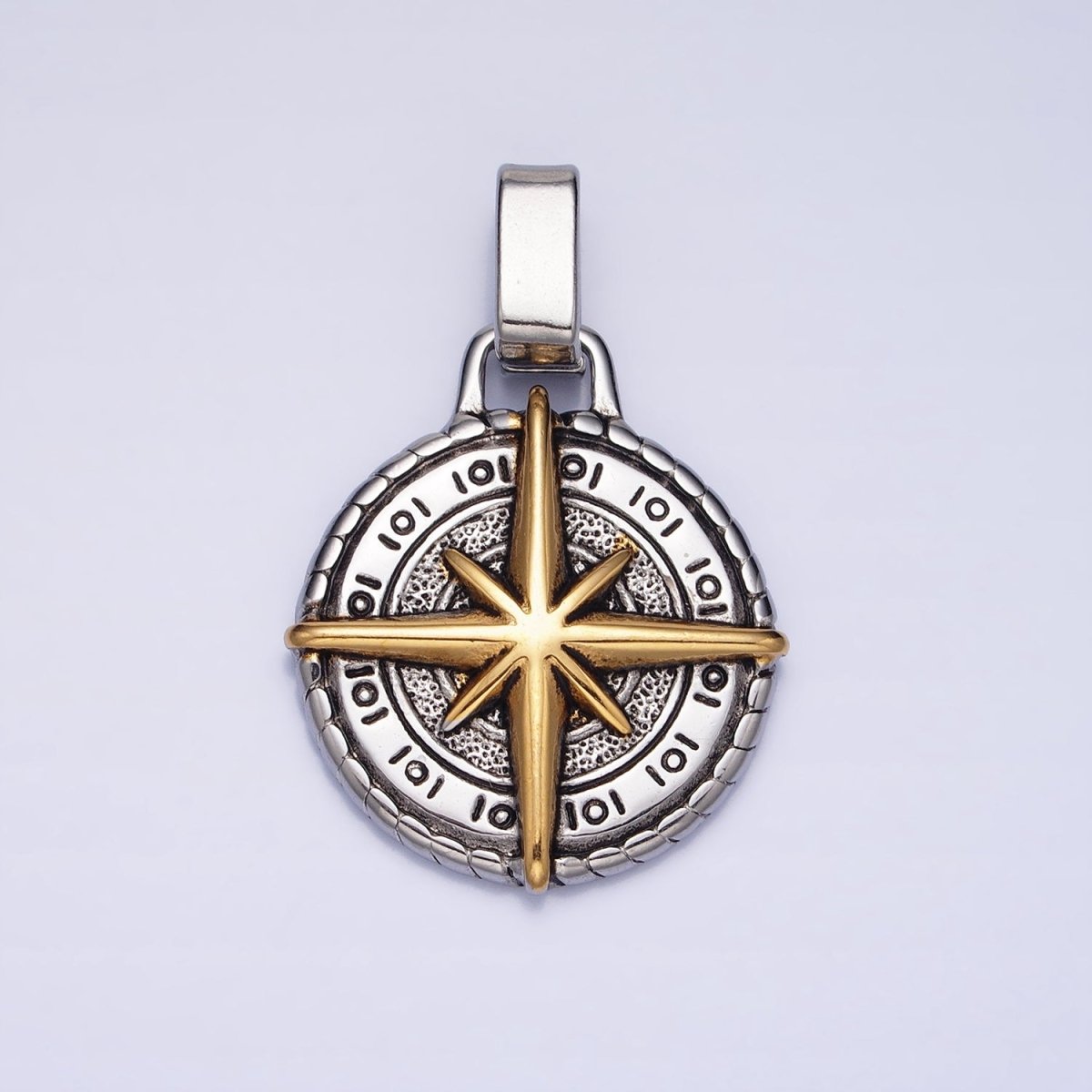 Mixed Metal, Silver Stainless Steel North Star Compass Round Pendant | P-1091 P-1092 - DLUXCA