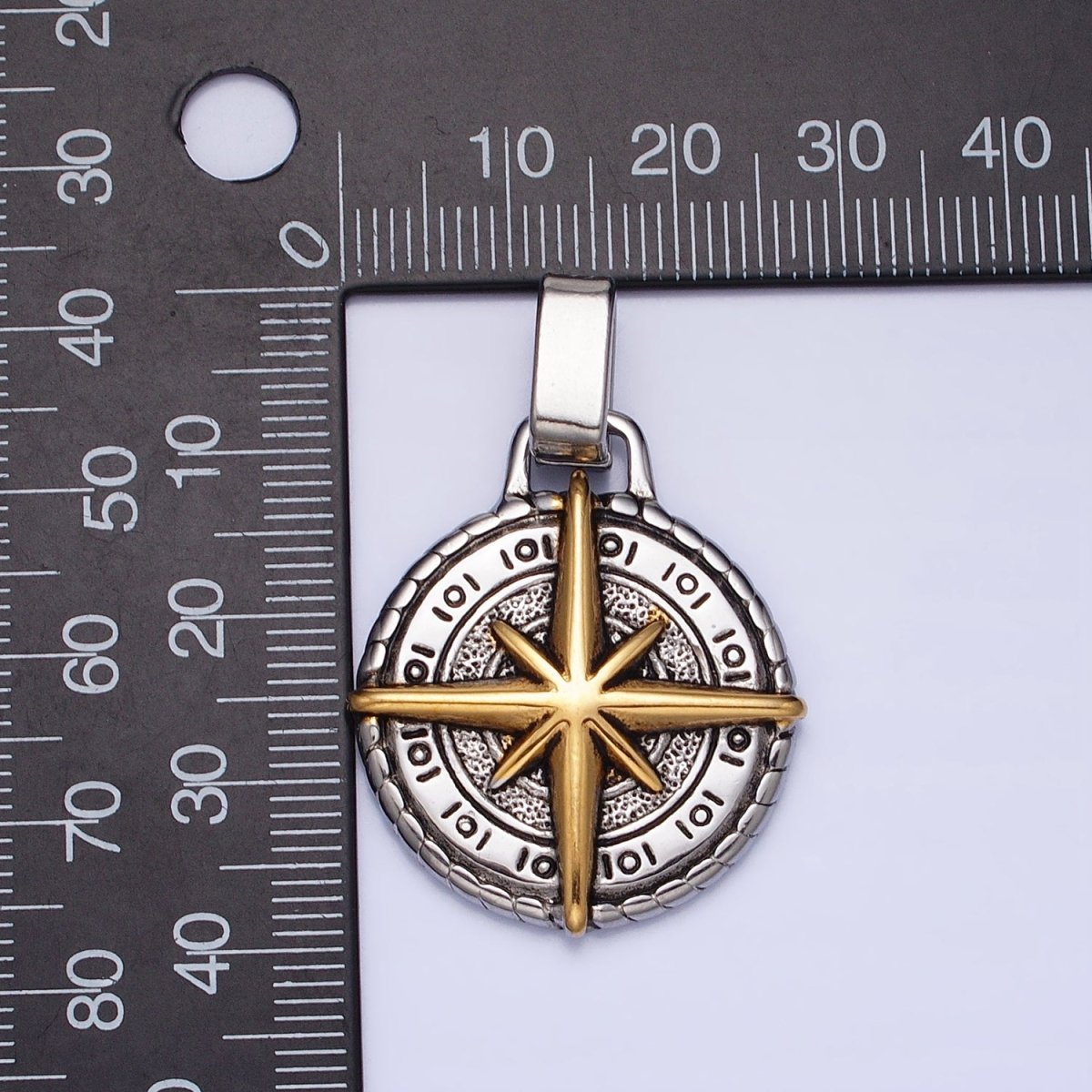 Mixed Metal, Silver Stainless Steel North Star Compass Round Pendant | P-1091 P-1092 - DLUXCA