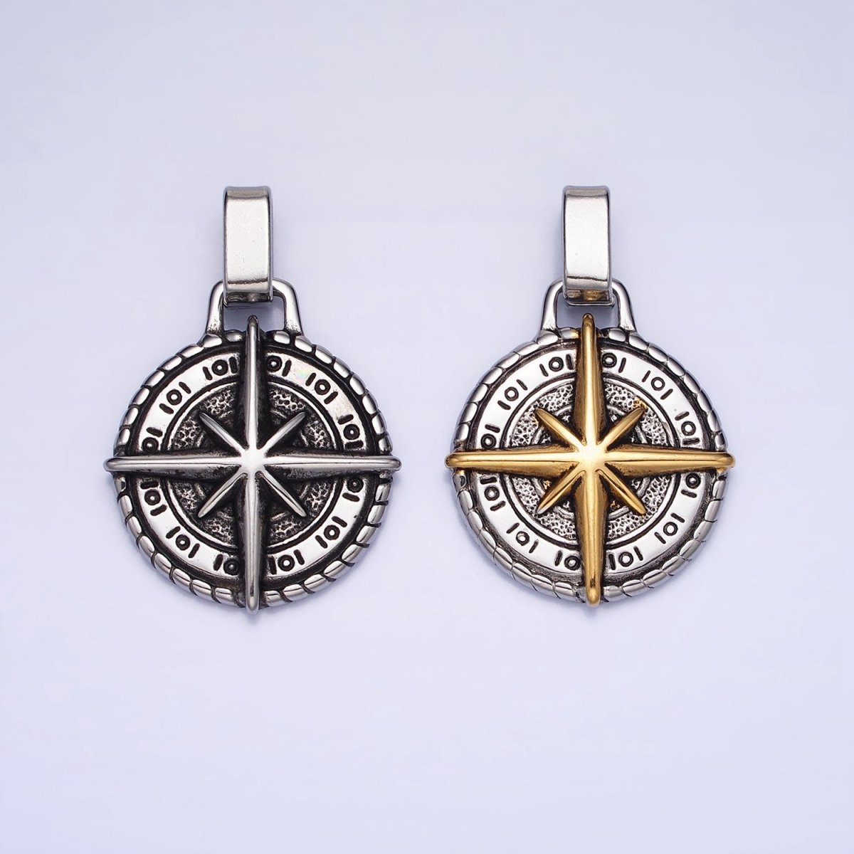 Mixed Metal, Silver Stainless Steel North Star Compass Round Pendant | P-1091 P-1092 - DLUXCA