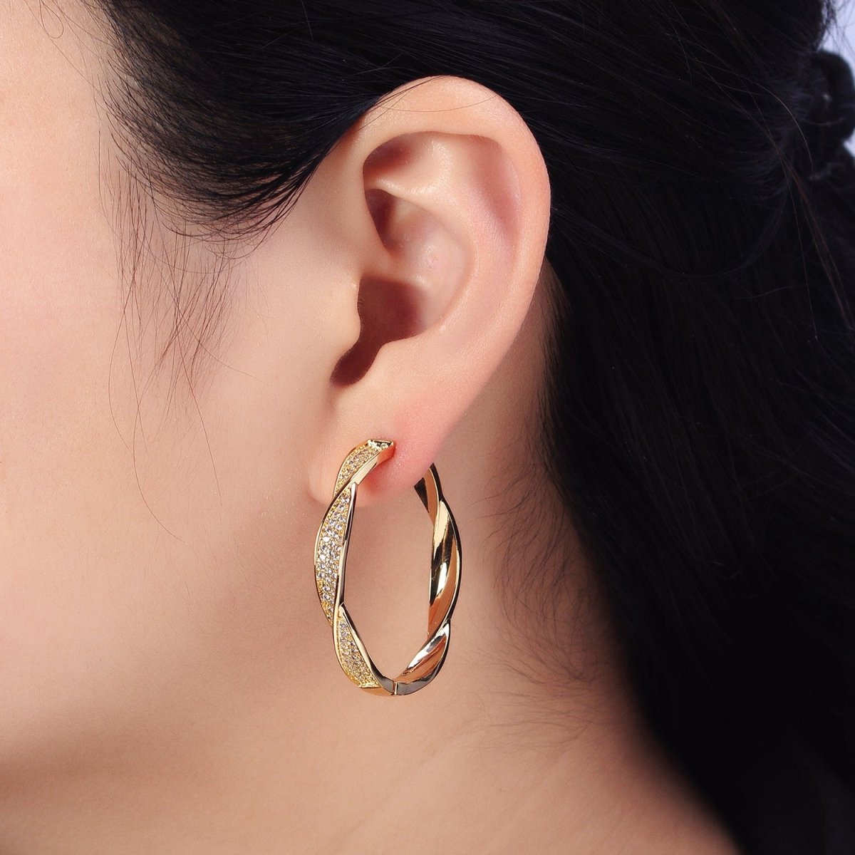 Modern Hoop Earring with Micro Pave Cz Twist Hoop in Gold Filled AB521 AB525 - DLUXCA