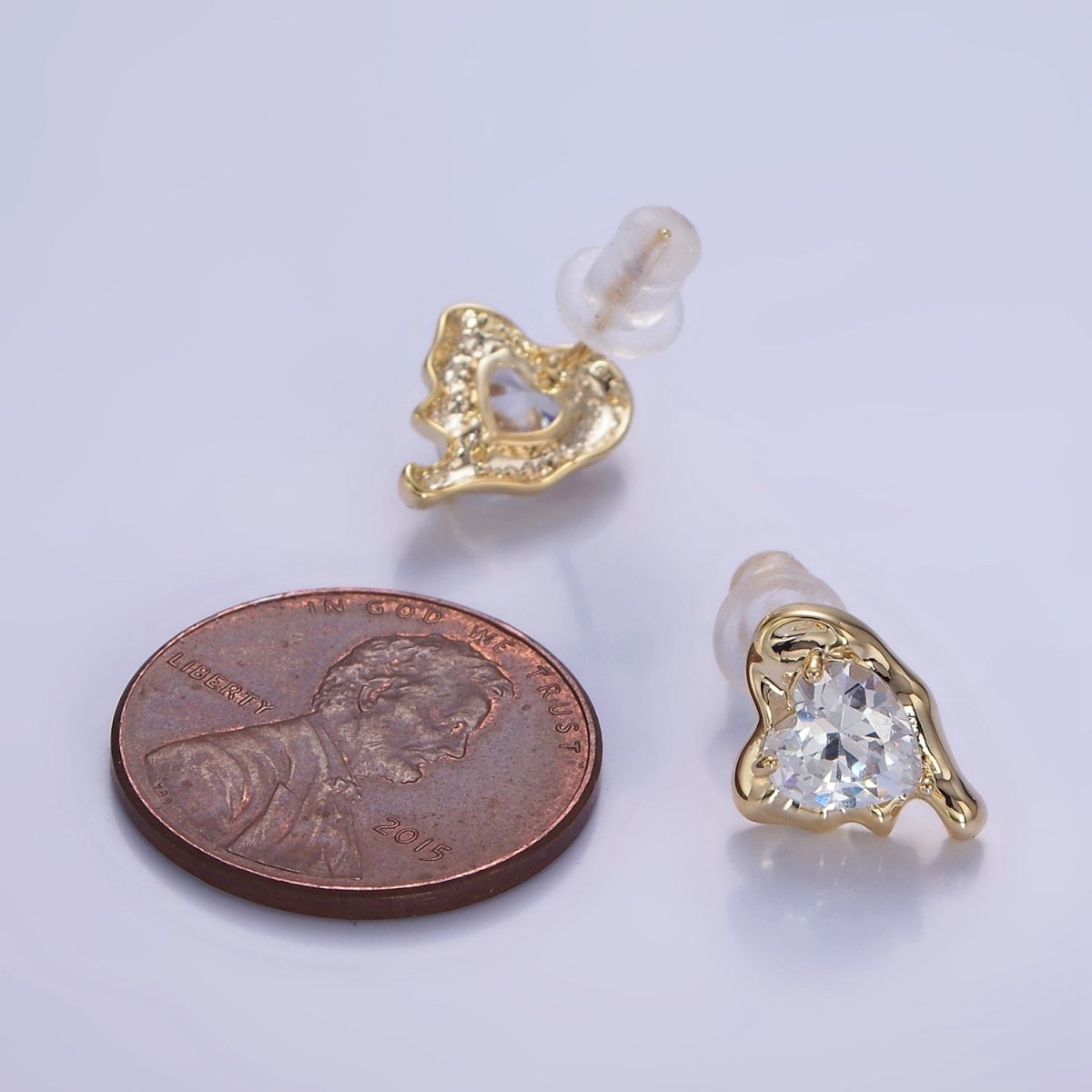 Molten Heart CZ Stud Earrings in Gold & Silver | V506 V507 - DLUXCA