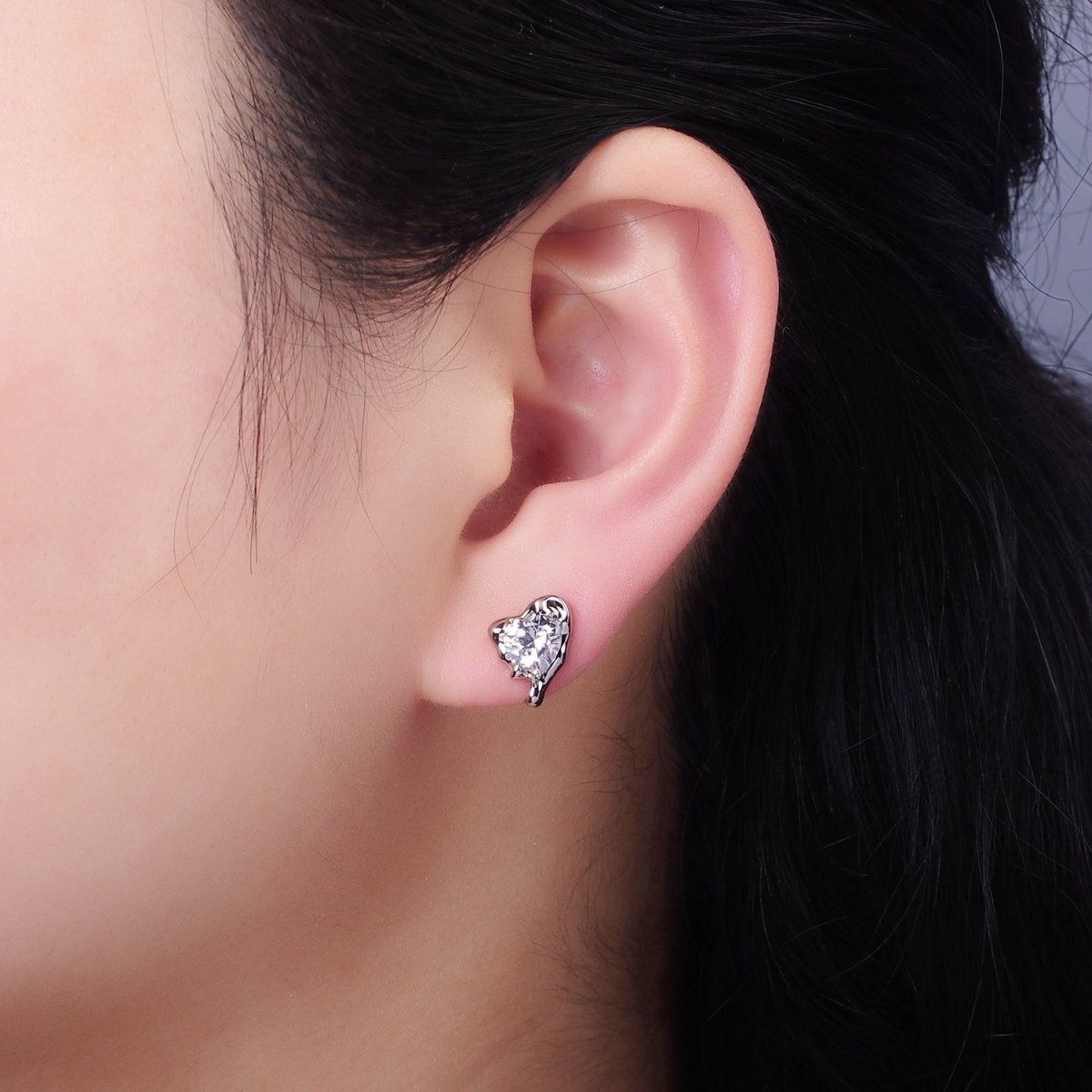 Molten Heart CZ Stud Earrings in Gold & Silver | V506 V507 - DLUXCA