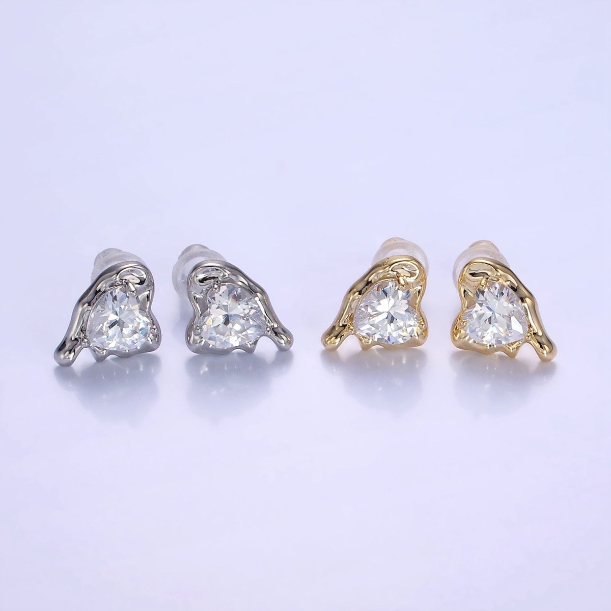 Molten Heart CZ Stud Earrings in Gold & Silver | V506 V507 - DLUXCA