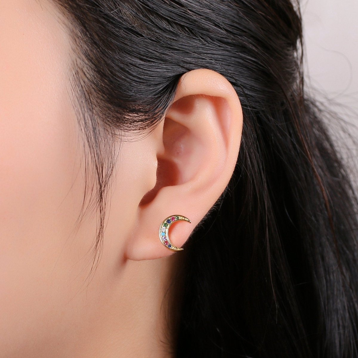 Moon Stud Earrings for Women, Crescent Moon studs, dainty moon studs, Micro pave Gold Celestial Jewelry gift for her Q-257 - DLUXCA