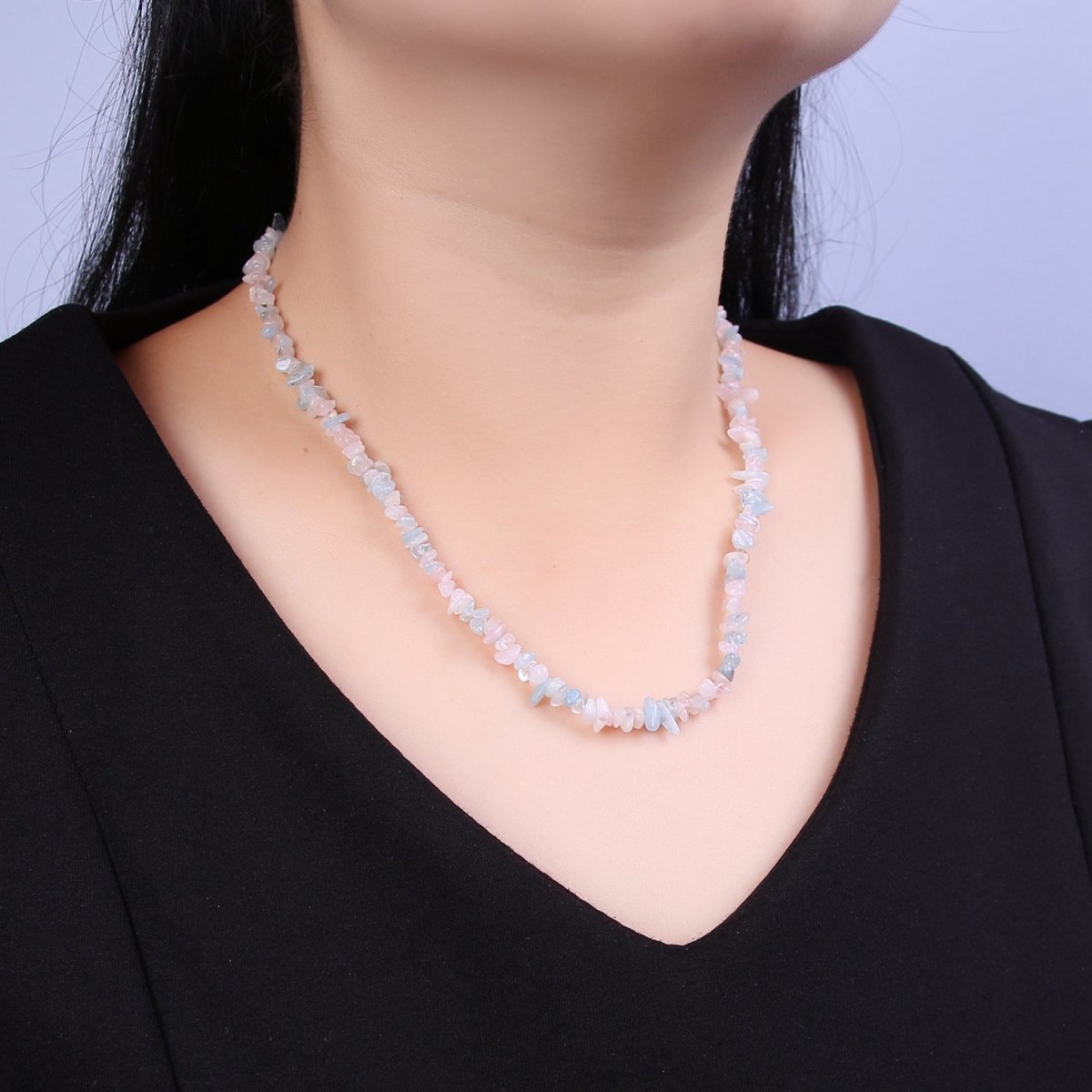 Morganite Chip Beaded Necklace 18 inch + 2 inch extender Necklace Healing Crystal Yoga Necklace Ready to Wear | WA-647 Clearance Pricing - DLUXCA