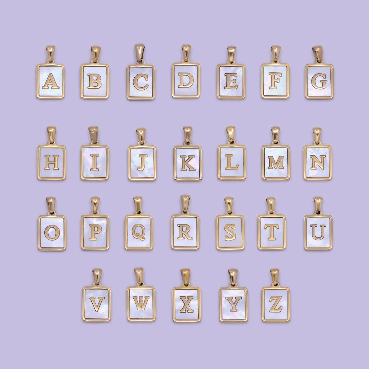 Mother of Pearl Letter Charm Gold Tag Alphabet Charm, Shell Letter Pendant Personalized Letters Initial Charm Stainless Steel W-313 to W-338 - DLUXCA