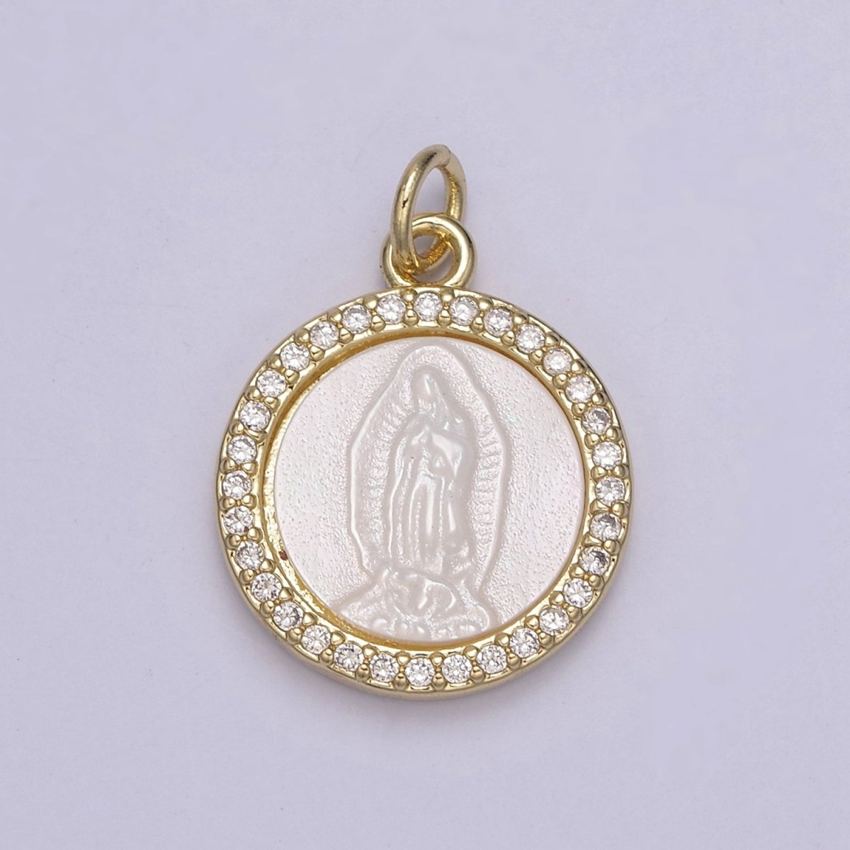 Mother of Pearl Our Lady of Guadalupe Pendant / Virgin Mary Charm Medallion Bezeled with Gold Filled and CZ Micro Pave Religious Supply N-711 - DLUXCA