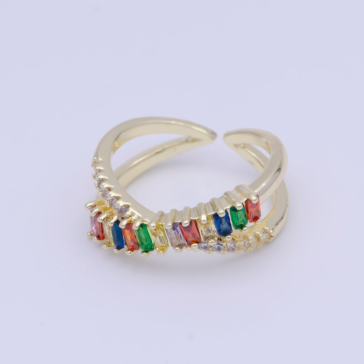 Multi Color Baguette Ring Rainbow CZ Gold Band Adjustable Ring X-620 - DLUXCA