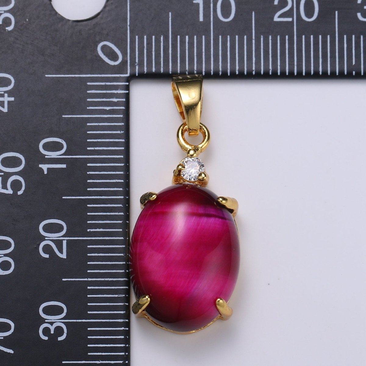 Multi Color Cat's Eye: Pink, Plum, Red Ruby, Amber, Peridot 24k Gold Solitaire CZ Pendant, Large Cat's Eye Stone I-679 ~ I-693 - DLUXCA