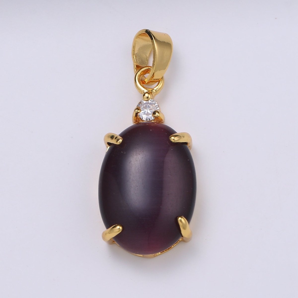 Multi Color Cat's Eye: Pink, Plum, Red Ruby, Amber, Peridot 24k Gold Solitaire CZ Pendant, Large Cat's Eye Stone I-679 ~ I-693 - DLUXCA