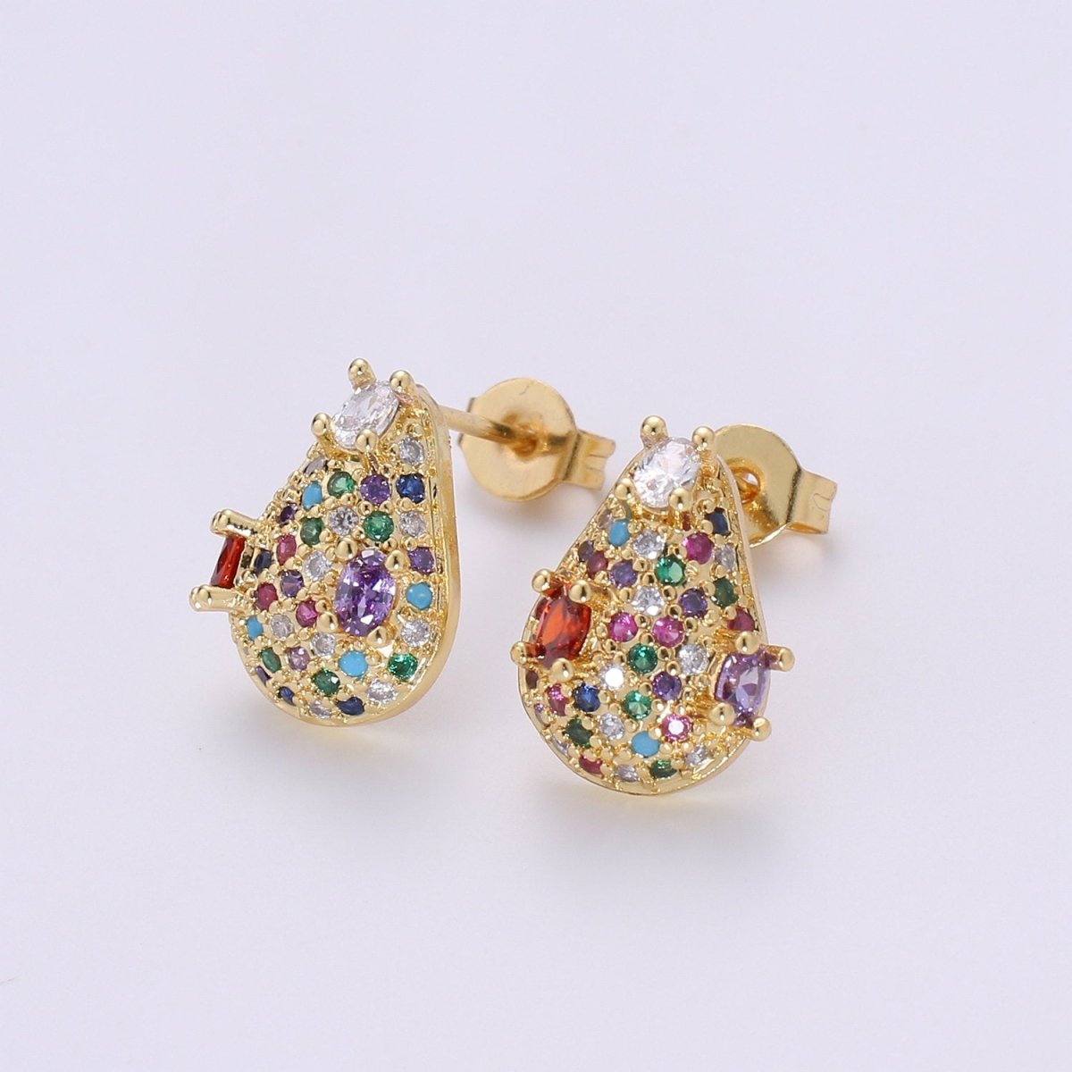 Multi Color Gold Tiny Stud Earrings - Rainbow Micro Pave Studs - Dainty CZ Studs 10mm Tear Drop Crystal Small Stud Earrings Q-311 - DLUXCA