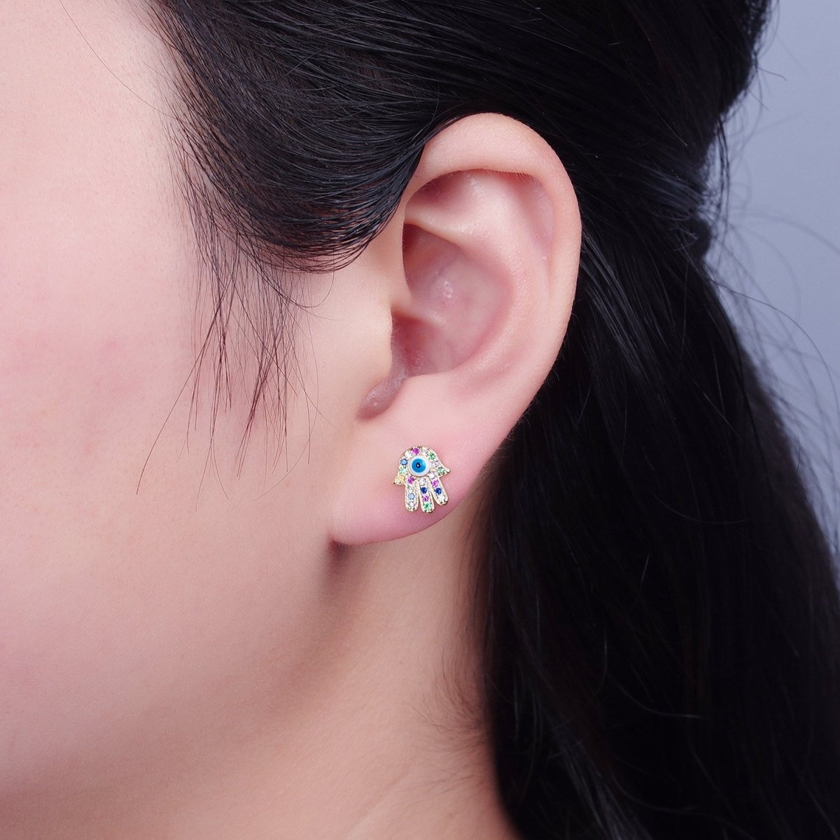 Multi Color Hand Stud Earring Gold Evil Eye Pave Earring T-500 - DLUXCA
