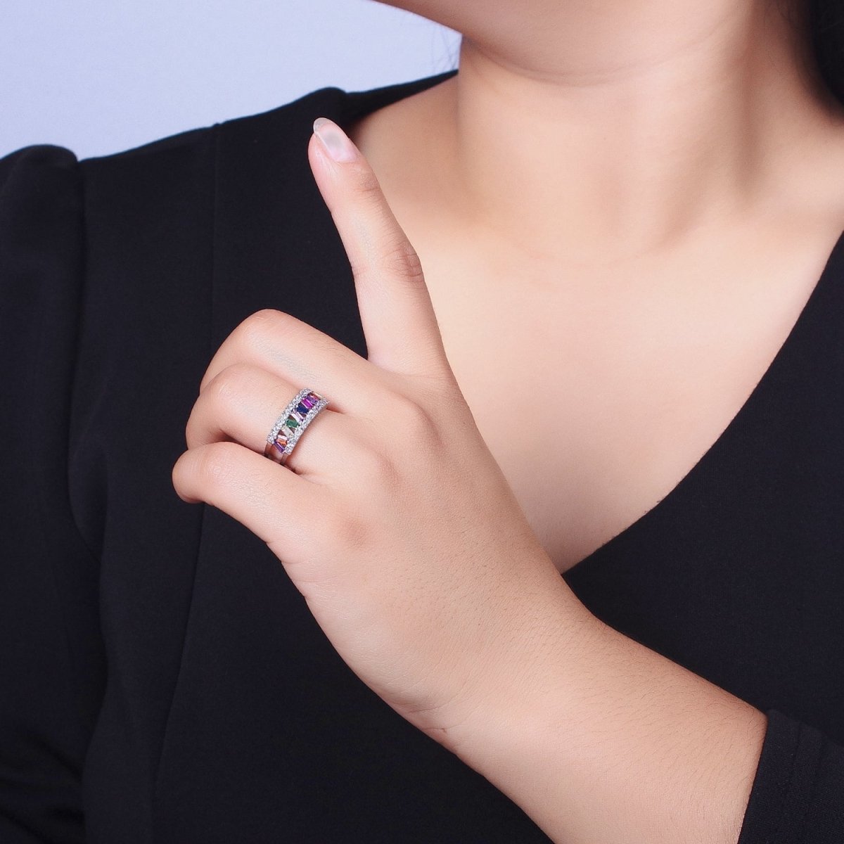 Multicolor Baguette Clear Micro Paved CZ Double Band Ring in Gold & Silver | Y-550 Y-551 - DLUXCA