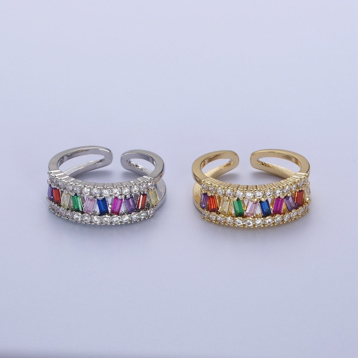 Multicolor Baguette Clear Micro Paved CZ Double Band Ring in Gold & Silver | Y-550 Y-551 - DLUXCA