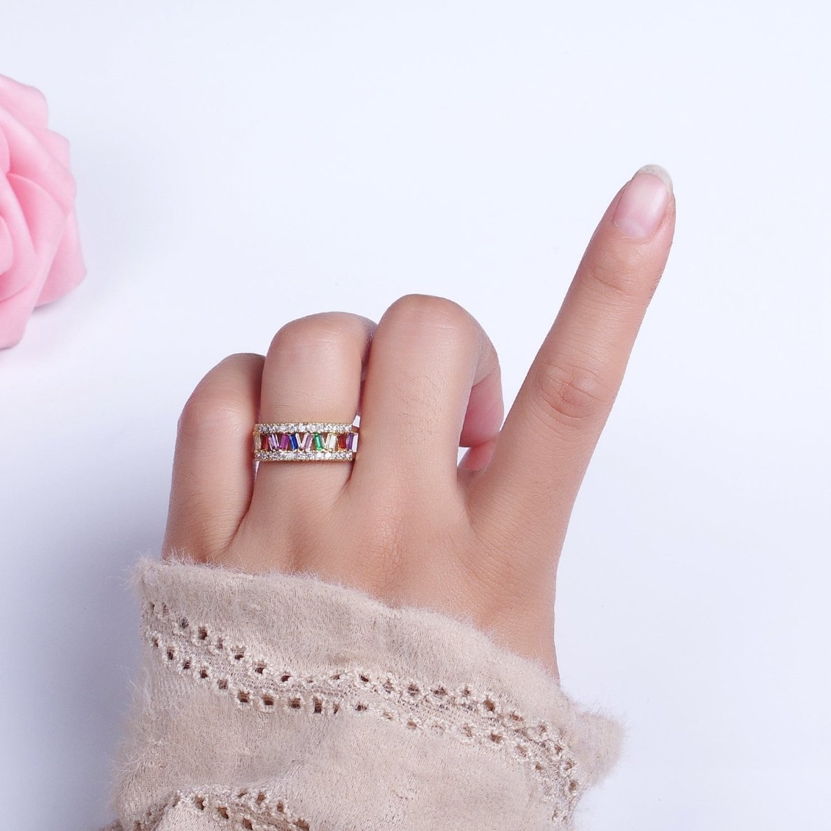 Multicolor Baguette Clear Micro Paved CZ Double Band Ring in Gold & Silver | Y-550 Y-551 - DLUXCA