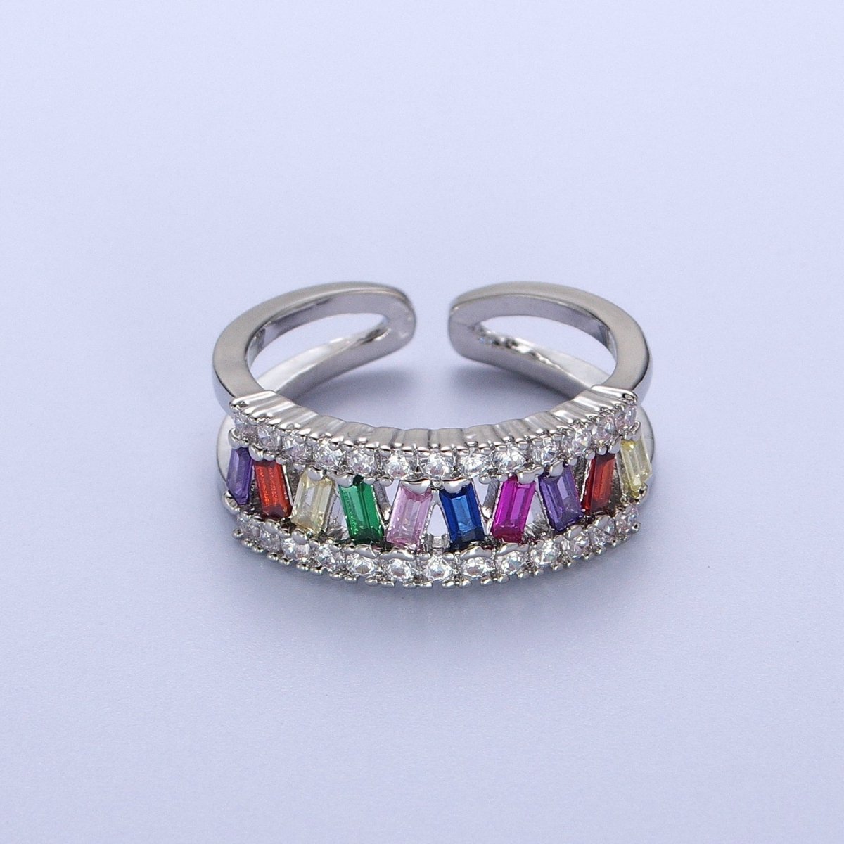 Multicolor Baguette Clear Micro Paved CZ Double Band Ring in Gold & Silver | Y-550 Y-551 - DLUXCA