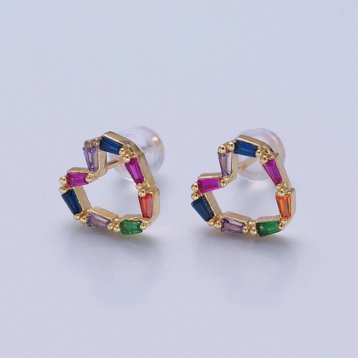 Multicolor Baguette Cubic Zirconia Heart Stud Earrings, Valentine Love CZ Earrings V-420 - DLUXCA