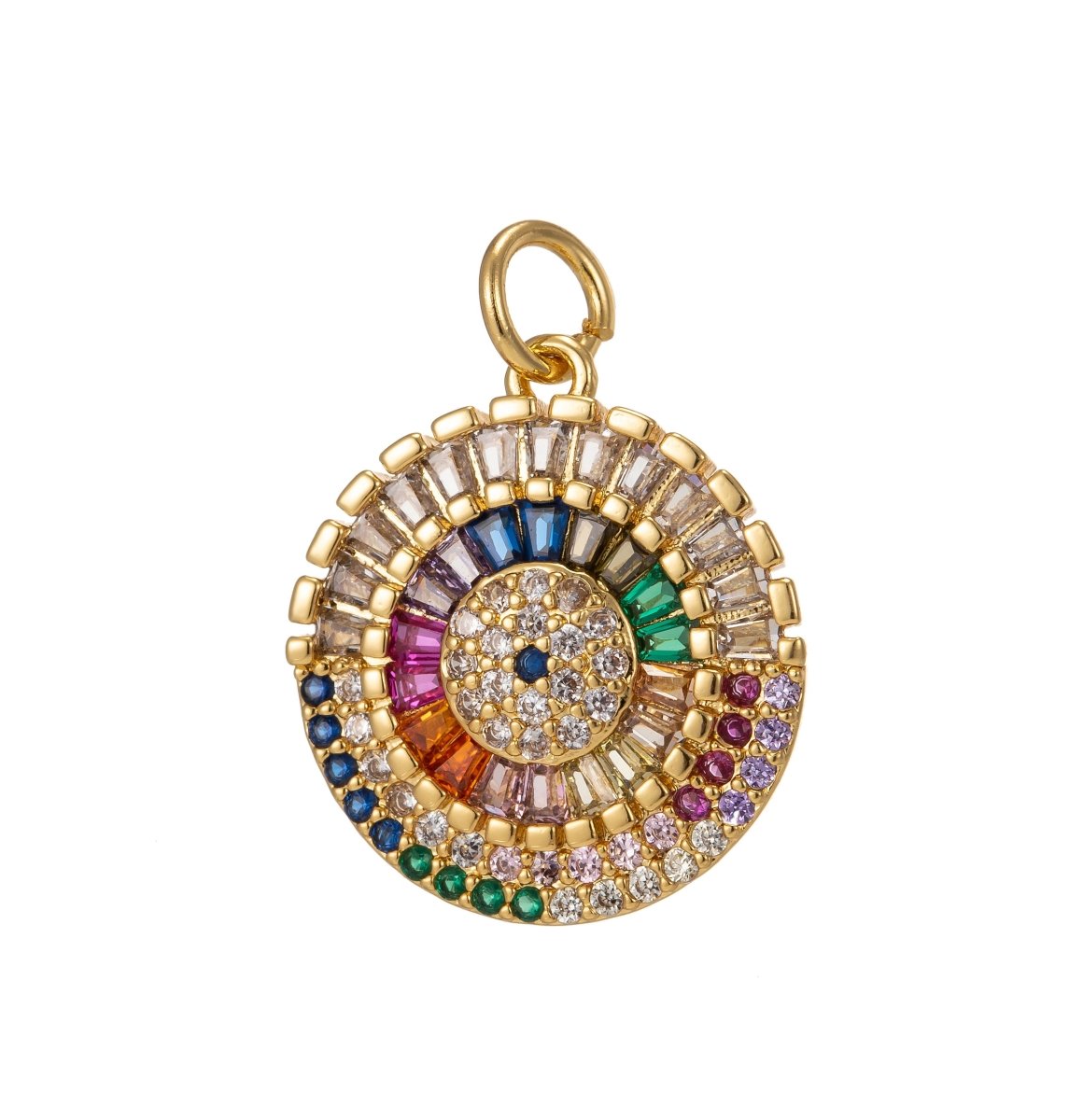Multicolor Clear Baguette Micro Paved CZ Round Disc Charm | C-647 - DLUXCA