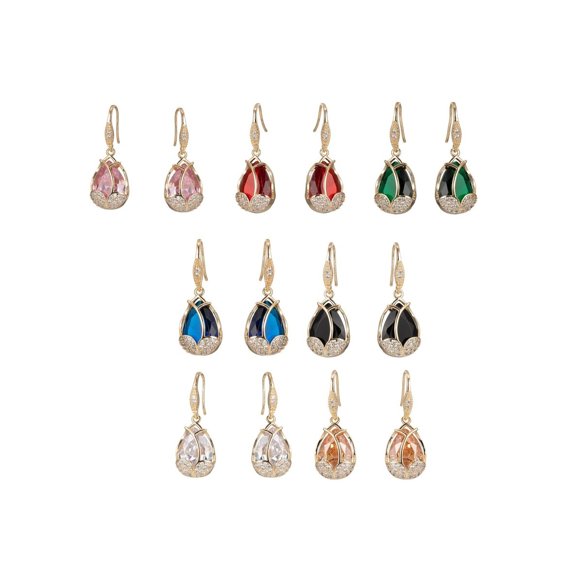 Multicolor Crystal Cubic Zirconia CZ Tulip Dangle Earring in 18K Gold & Silver - DLUXCA