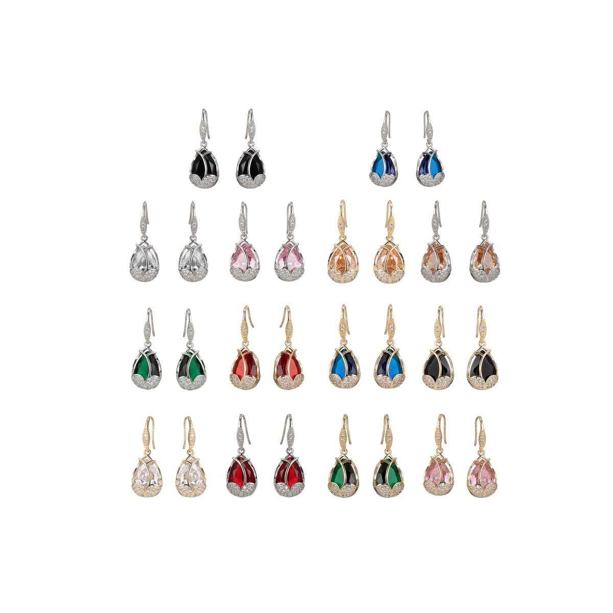 Multicolor Crystal Cubic Zirconia CZ Tulip Dangle Earring in 18K Gold & Silver - DLUXCA