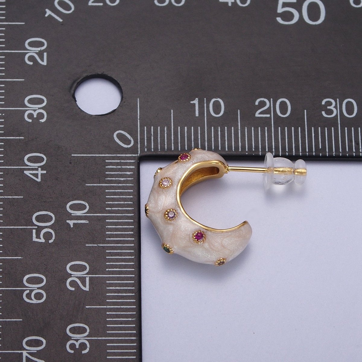 Multicolor CZ Dotted Cats Eye C Shaped Abstract Gold Hoop White Enamel Earring | Y-180 - DLUXCA