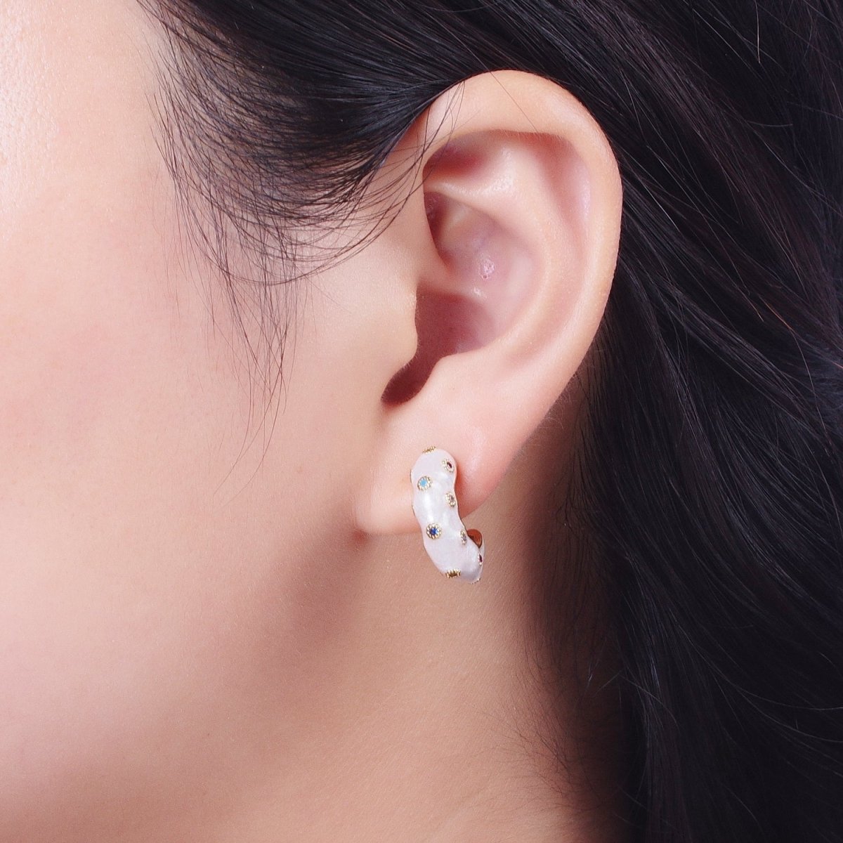 Multicolor CZ Dotted Cats Eye C Shaped Abstract Gold Hoop White Enamel Earring | Y-180 - DLUXCA