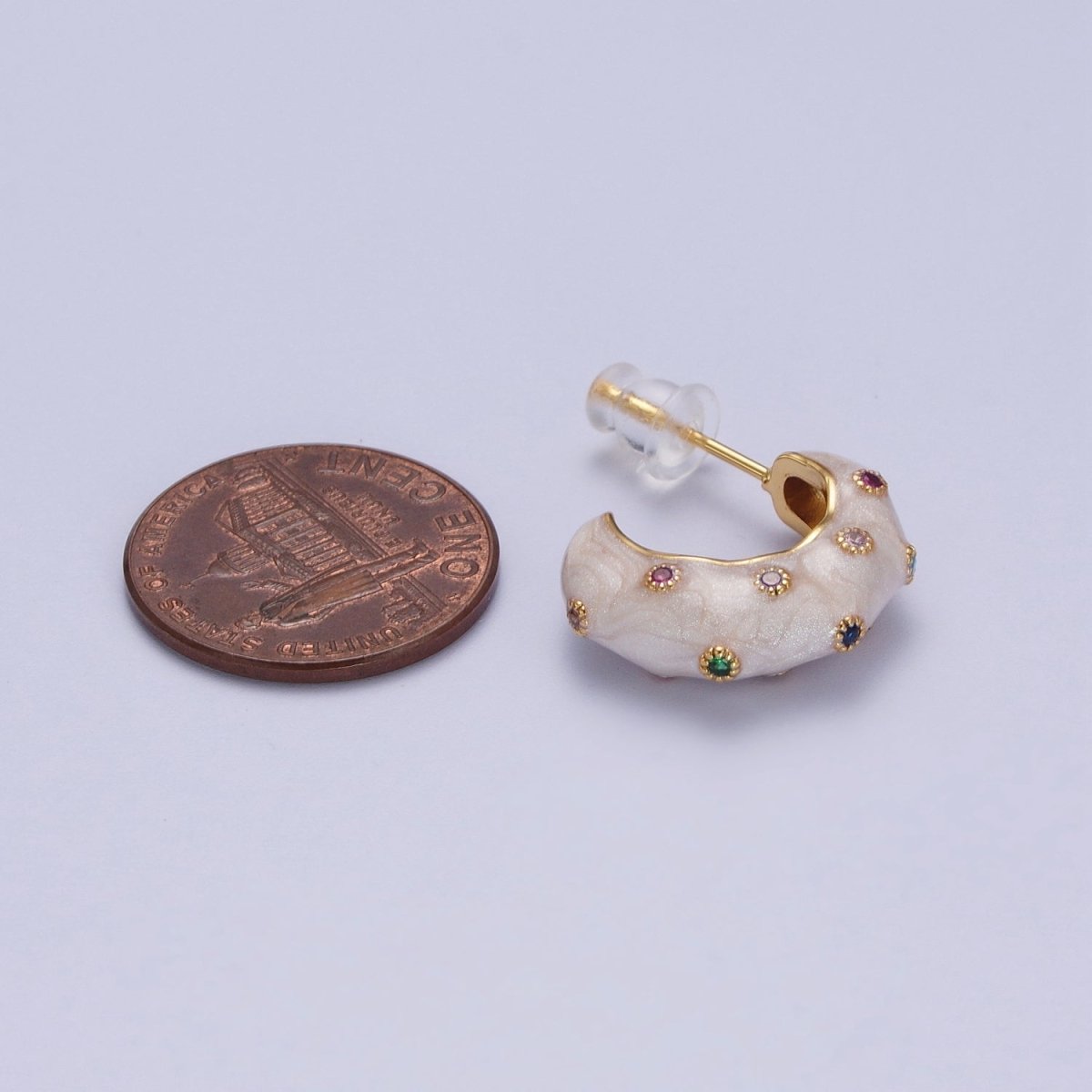 Multicolor CZ Dotted Cats Eye C Shaped Abstract Gold Hoop White Enamel Earring | Y-180 - DLUXCA