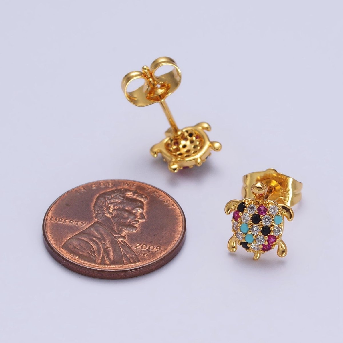 Multicolor CZ Micro Paved Turtle Sea Tortoise Gold Stud Earrings | AB120 - DLUXCA