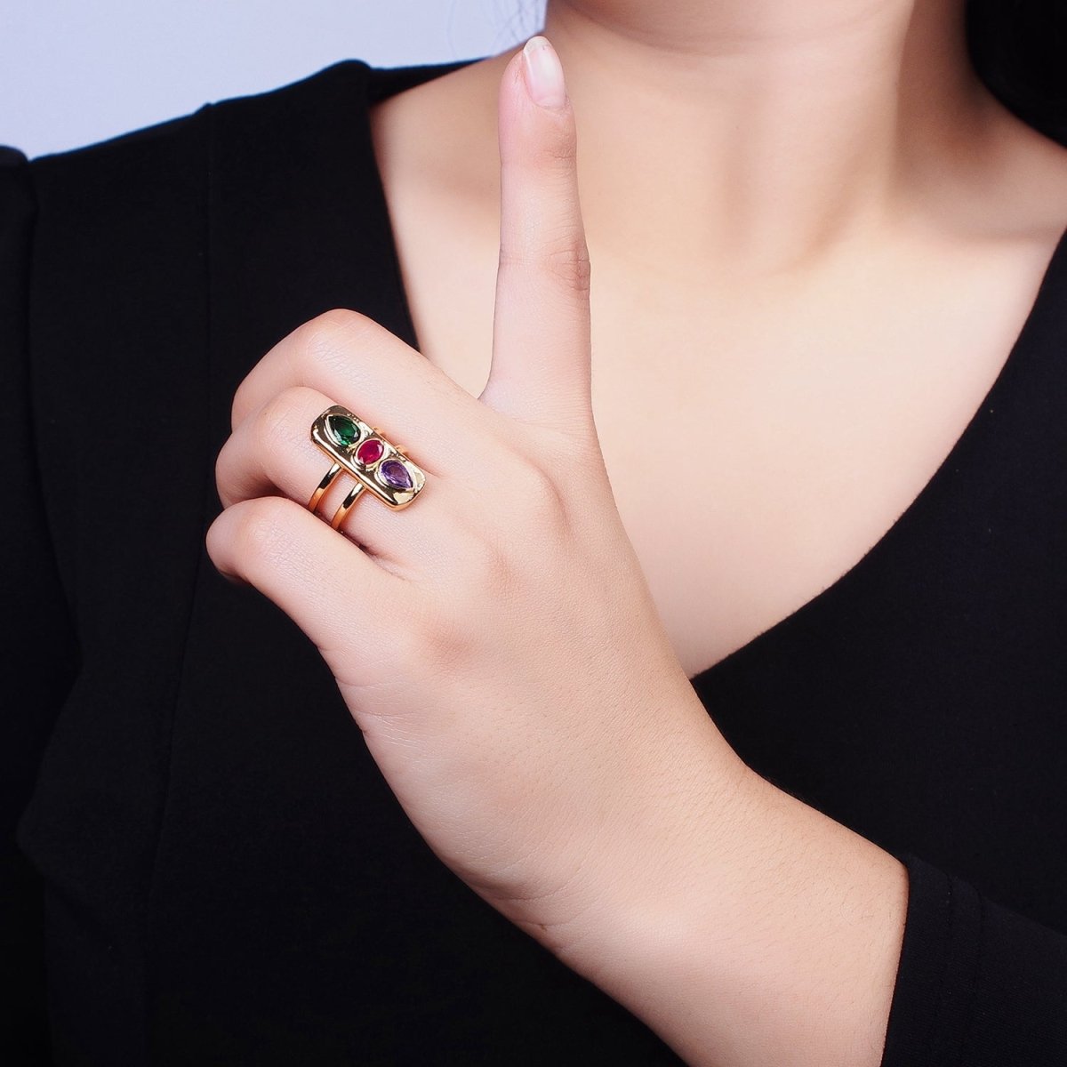 Multicolor Cz Stone Geometric Ring in Gold Silver with Tear Drop Oval Cz Stone Y-623 Y-624 - DLUXCA