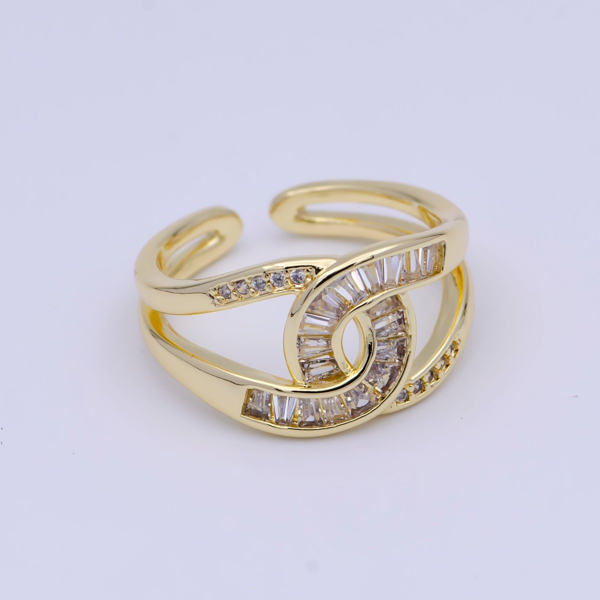 Multicolor, Green, Clear Baguette Micro Paved Knot Double Band Gold Ring | O-925, X-619, X-624 - DLUXCA
