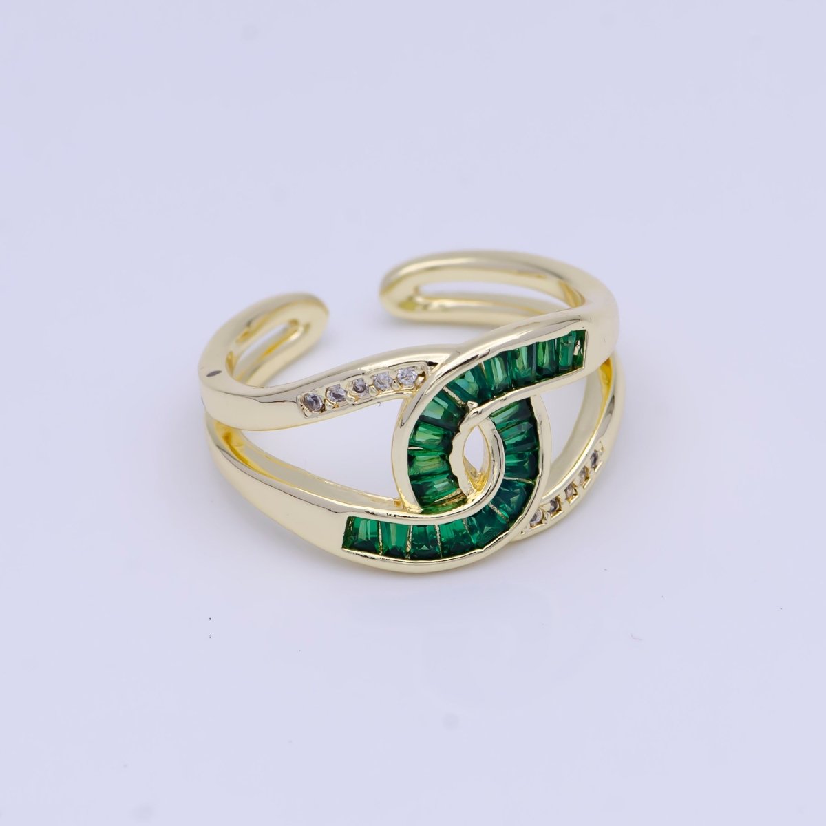 Multicolor, Green, Clear Baguette Micro Paved Knot Double Band Gold Ring | O-925, X-619, X-624 - DLUXCA