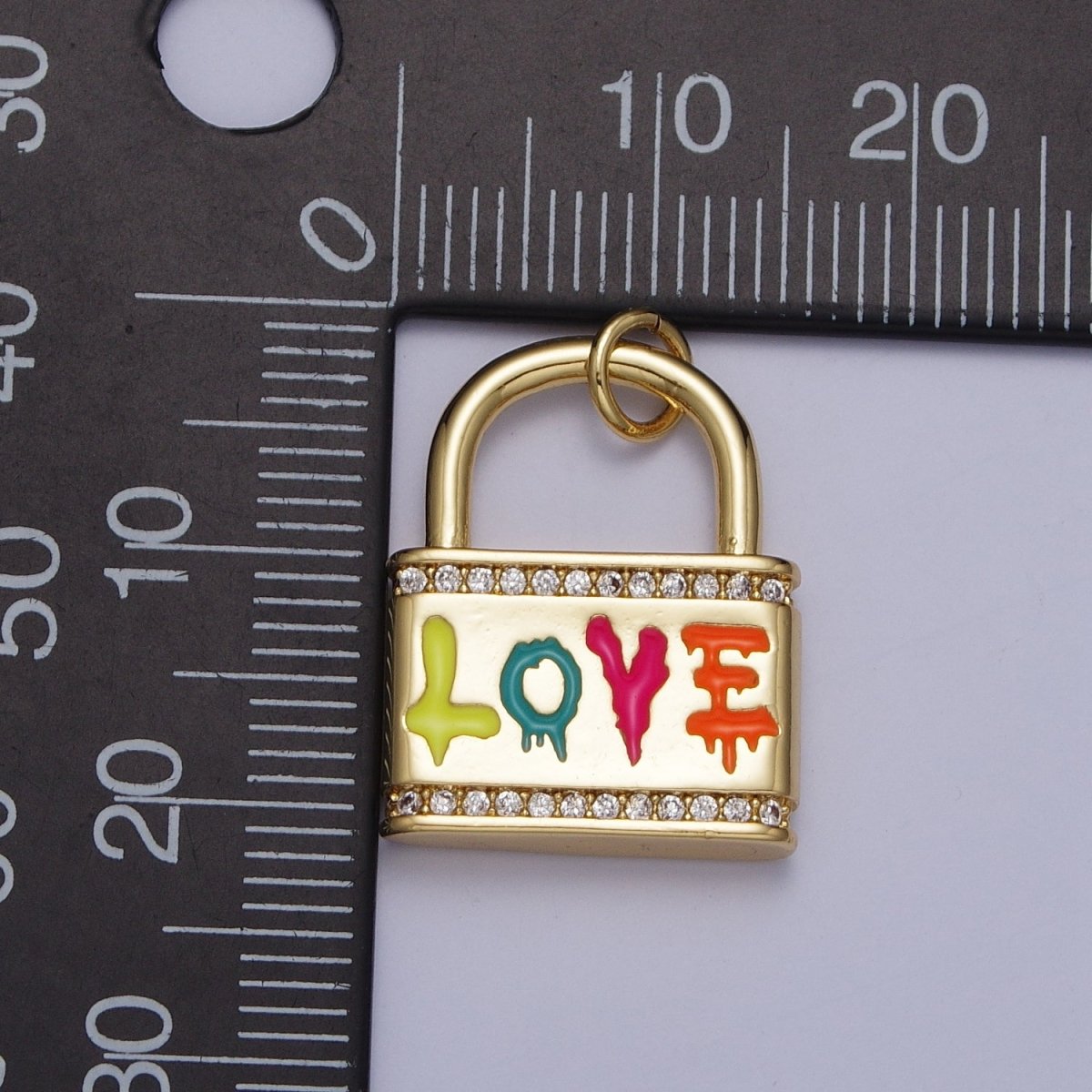 Multicolor "Love" Script Sprayed Micro Paved CZ Padlock Gold Charm AG-122 - DLUXCA